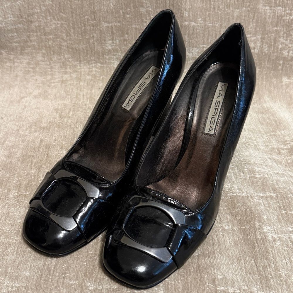 Via Spiga Patent Leather Buckle Pumps